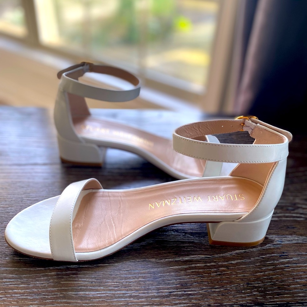Stuart Weitzman White Leather Nudist June Ankle-Strap Block Heel Sandals Size 8